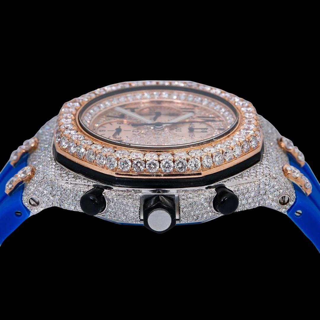 AP Royal Oak Chronograph Dial Black Standard Numerals Blue Rubber Strap Semi Iced Out Two Tone Watch Crown View