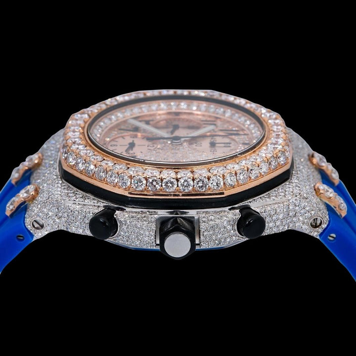AP Royal Oak Chronograph Dial Black Standard Numerals Blue Rubber Strap Semi Iced Out Two Tone Watch Crown View
