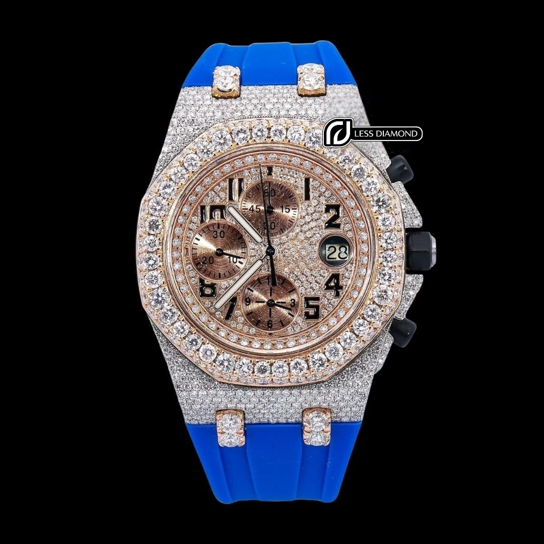 AP Royal Oak Chronograph Dial Black Standard Numerals Blue Rubber Strap Semi Iced Out Two Tone Watch Front View