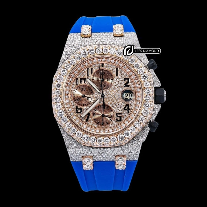AP Royal Oak Chronograph Dial Black Standard Numerals Blue Rubber Strap Semi Iced Out Two Tone Watch Front View