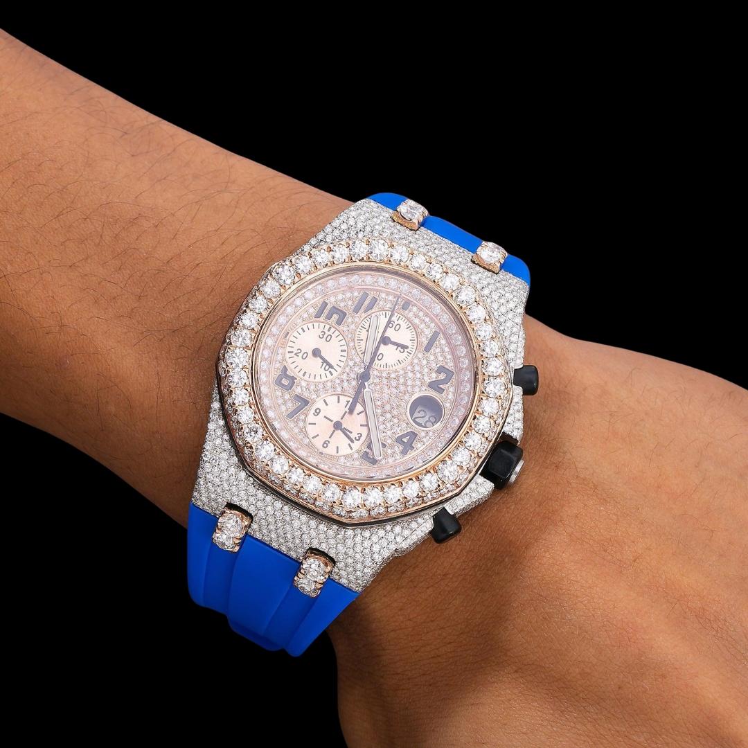 AP Royal Oak Chronograph Dial Black Standard Numerals Blue Rubber Strap Semi Iced Out Two Tone Watch On Wrist View