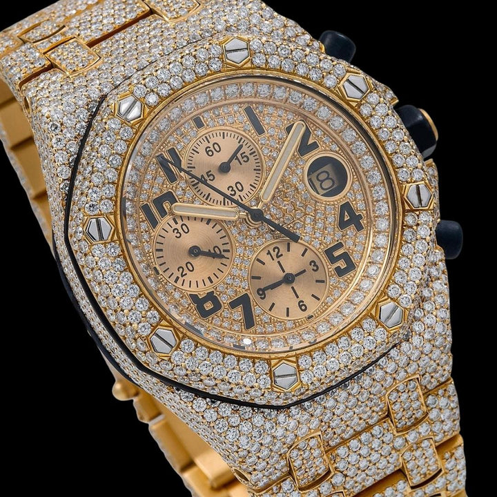 AP Royal Oak Chronograph Dial Black Standard Numerals Fully Iced Out Moissanite Watch Close Up Dial View