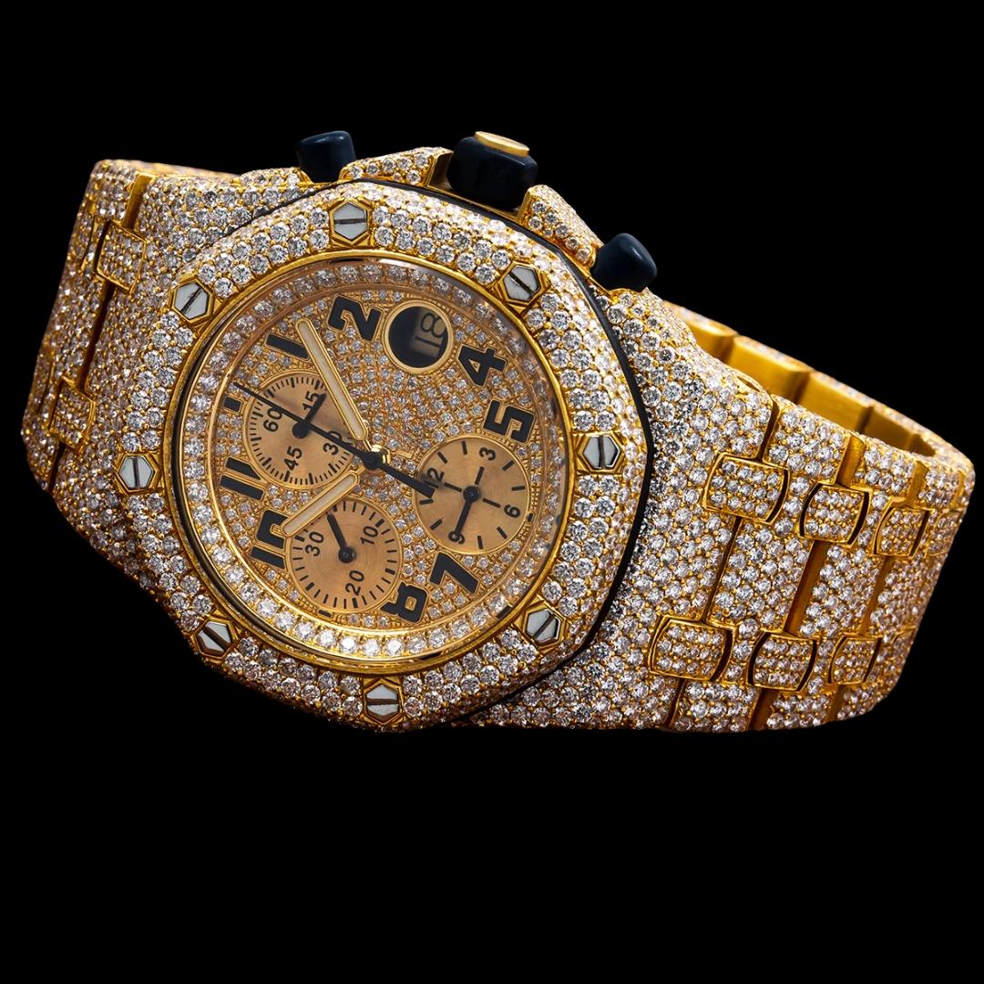 AP Royal Oak Chronograph Dial Black Standard Numerals Fully Iced Out Moissanite Watch Close Up Front View