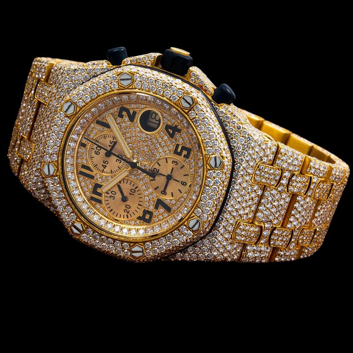 AP Royal Oak Chronograph Dial Black Standard Numerals Fully Iced Out Moissanite Watch Close Up Front View