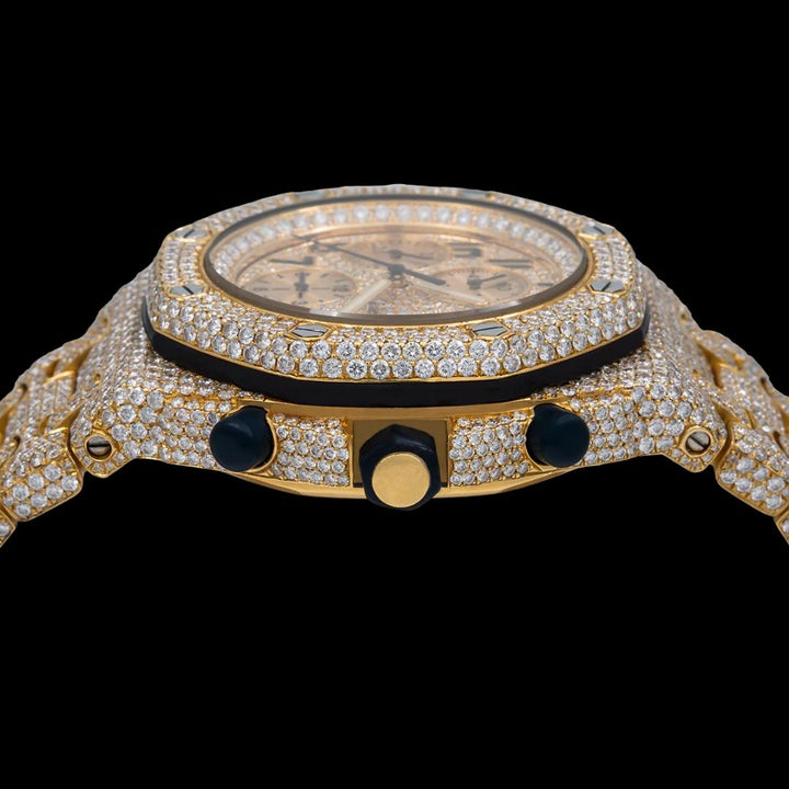 AP Royal Oak Chronograph Dial Black Standard Numerals Fully Iced Out Moissanite Watch Crown View