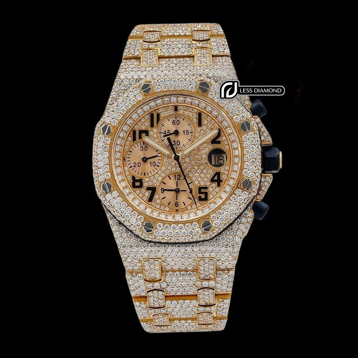 AP Royal Oak Chronograph Dial Black Standard Numerals Fully Iced Out Moissanite Watch Front View