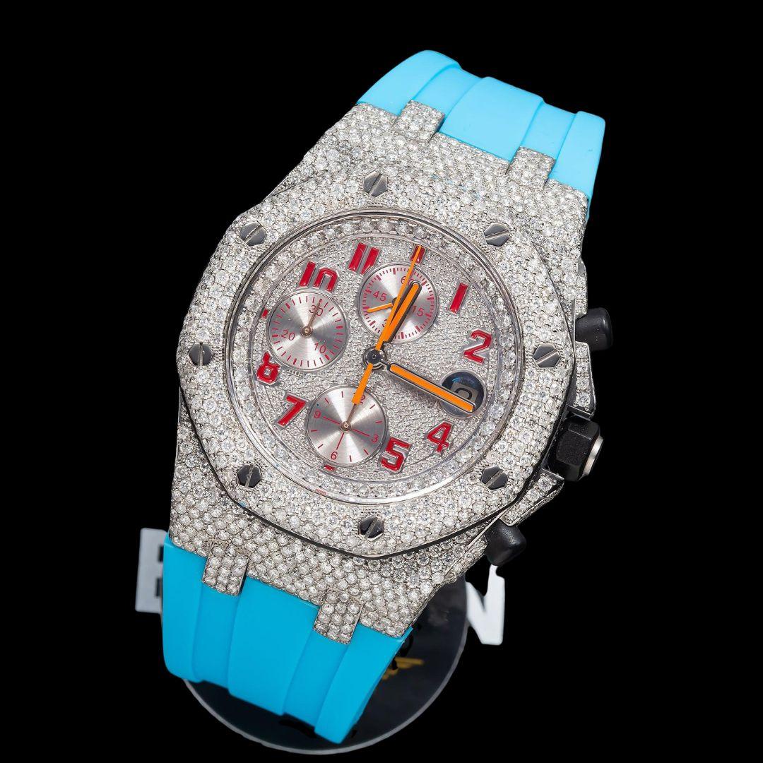 AP Royal Oak Chronograph Dial Red Standard Numerals Semi Iced Out Blue Rubber Strap Moissanite Watch Close Up Front View