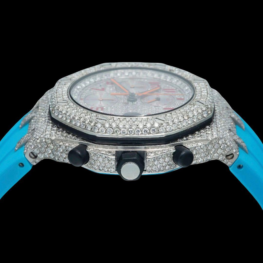 AP Royal Oak Chronograph Dial Red Standard Numerals Semi Iced Out Blue Rubber Strap Moissanite Watch Crown View