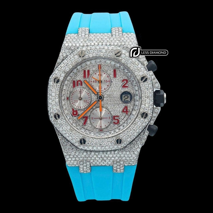 AP Royal Oak Chronograph Dial Red Standard Numerals Semi Iced Out Blue Rubber Strap Moissanite Watch Front View