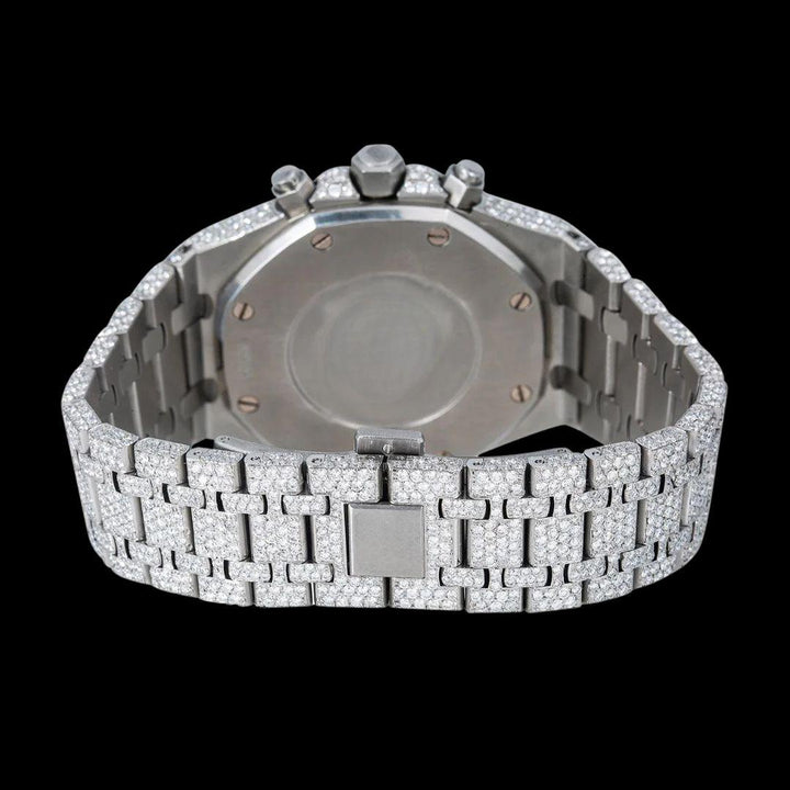 AP Royal Oak Chronograph Dial White Stick Markers Fully Iced Out White Gold Moissanite Watch Caseback View