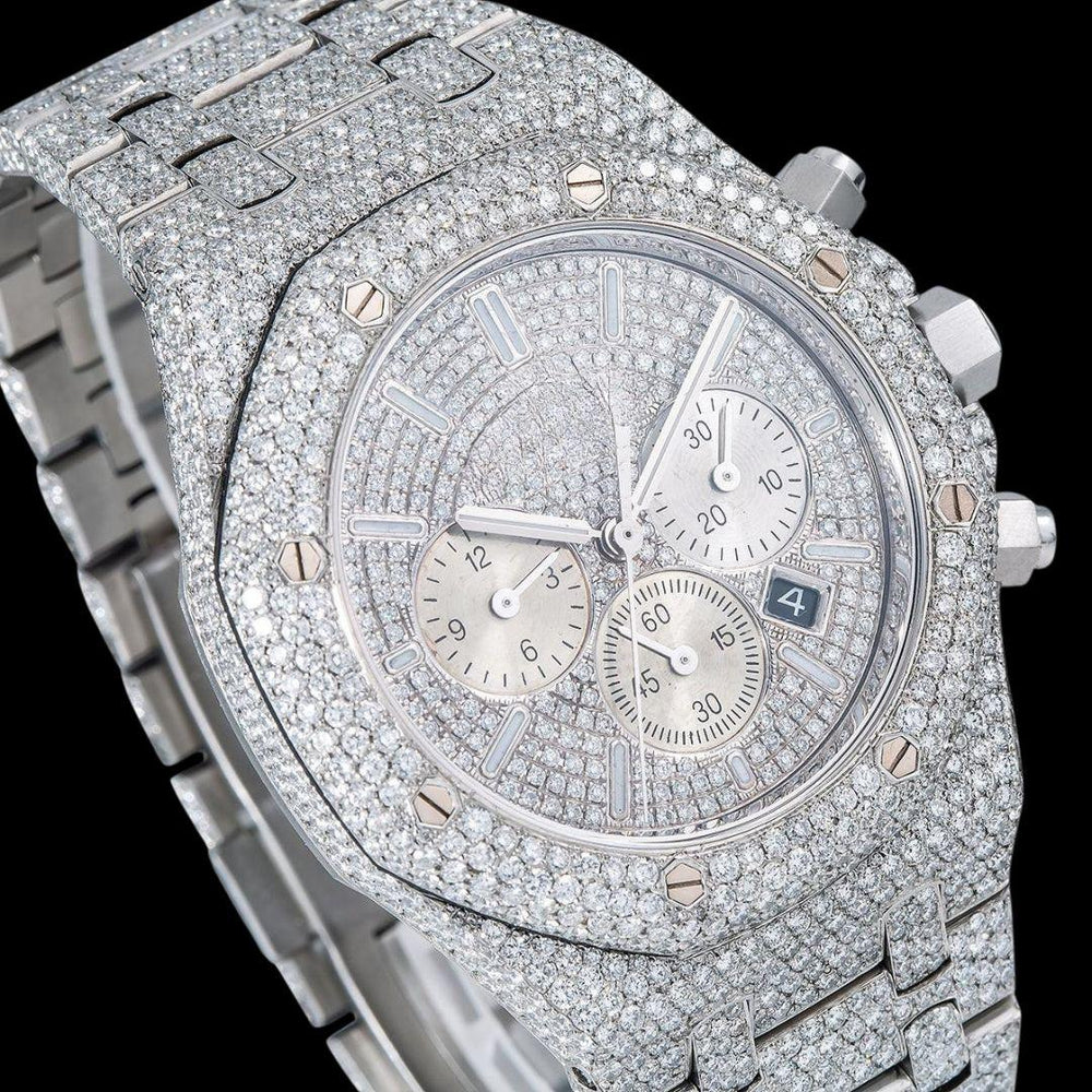 AP Royal Oak Chronograph Dial White Stick Markers Fully Iced Out White Gold Moissanite Watch Close Up Dial View