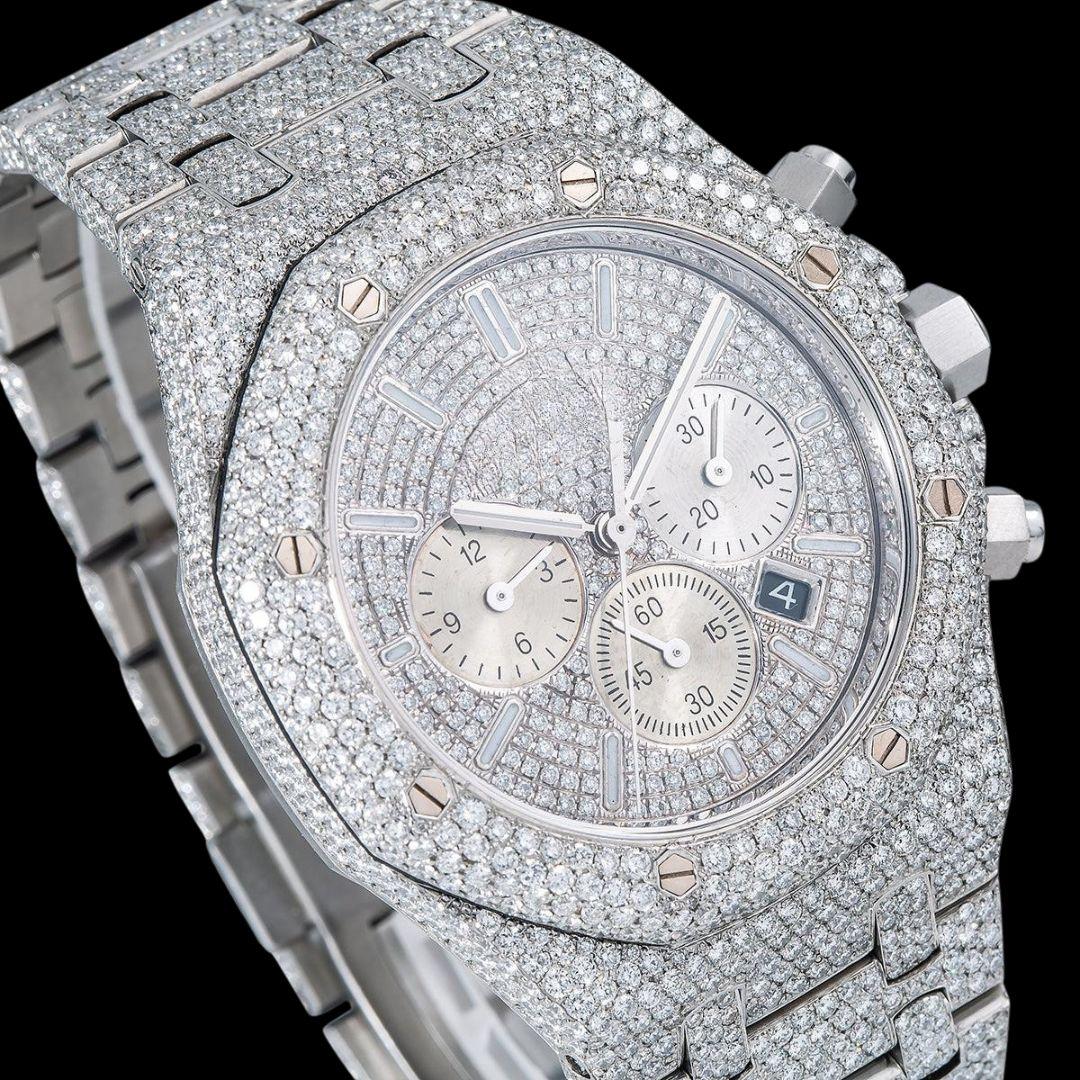 AP Royal Oak Chronograph Dial White Stick Markers Fully Iced Out White Gold Moissanite Watch Close Up Dial View
