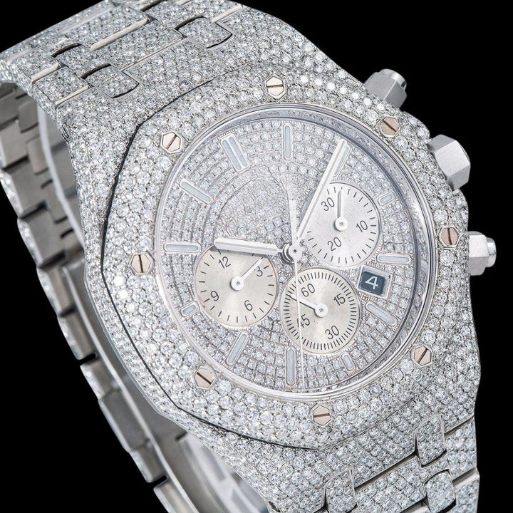 AP Royal Oak Chronograph Dial White Stick Markers Fully Iced Out White Gold Moissanite Watch Close Up Dial View