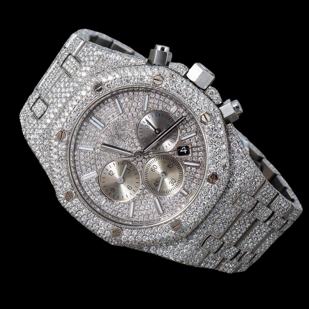 AP Royal Oak Chronograph Dial White Stick Markers Fully Iced Out White Gold Moissanite Watch Close Up Front View