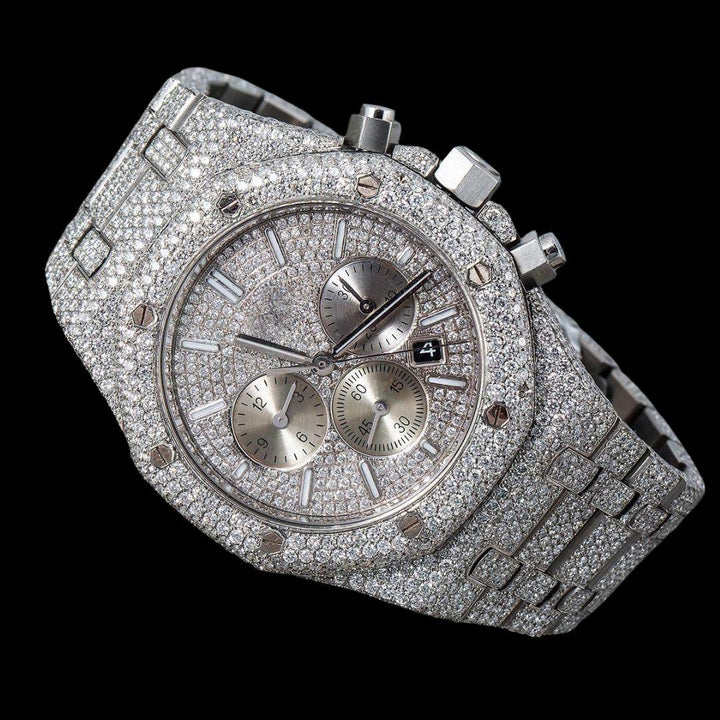 AP Royal Oak Chronograph Dial White Stick Markers Fully Iced Out White Gold Moissanite Watch Close Up Front View