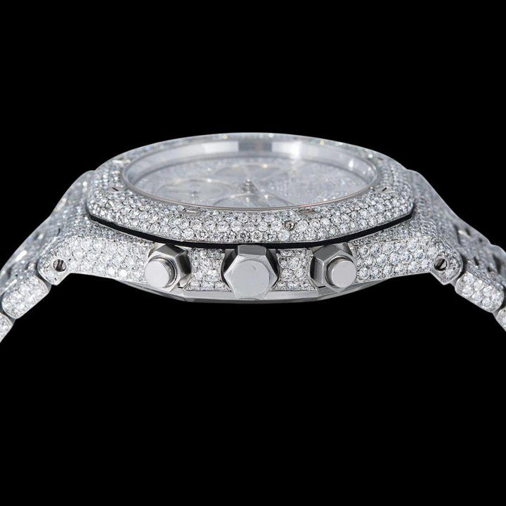 AP Royal Oak Chronograph Dial White Stick Markers Fully Iced Out White Gold Moissanite Watch Crown View