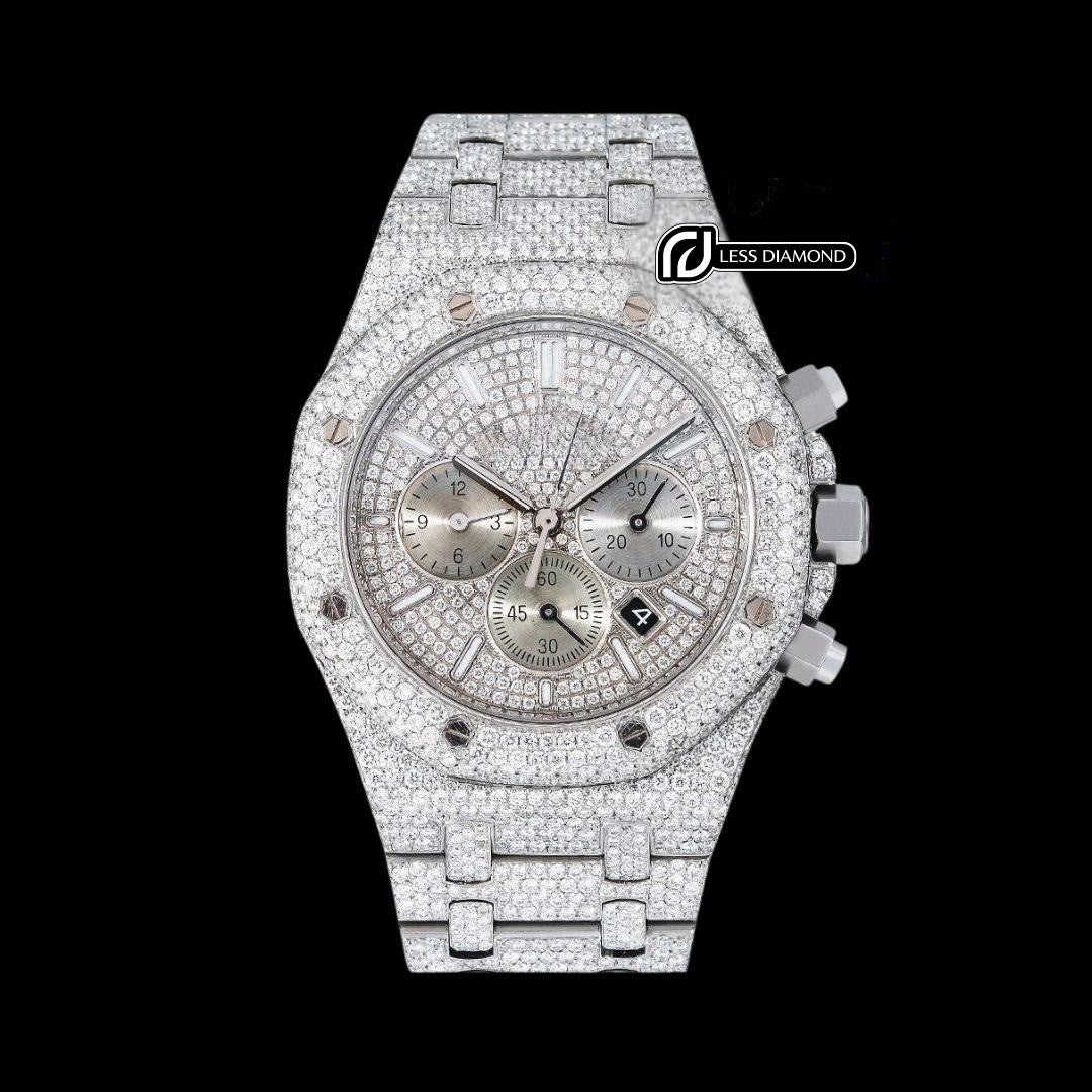 AP Royal Oak Chronograph Dial White Stick Markers Fully Iced Out White Gold Moissanite Watch Front View