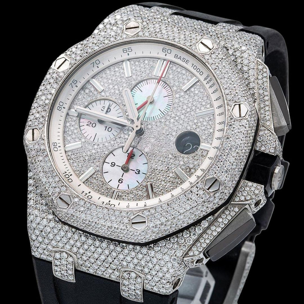 AP Royal Oak Chronograph Diamond Dial Semi Iced Out Black Rubber Strap Moissanite Watch Close Up Dial View