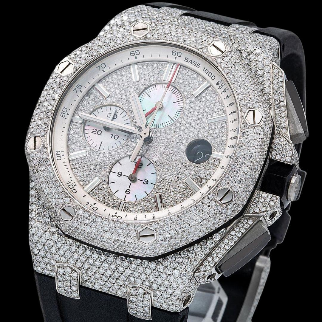 AP Royal Oak Chronograph Diamond Dial Semi Iced Out Black Rubber Strap Moissanite Watch Close Up Dial View