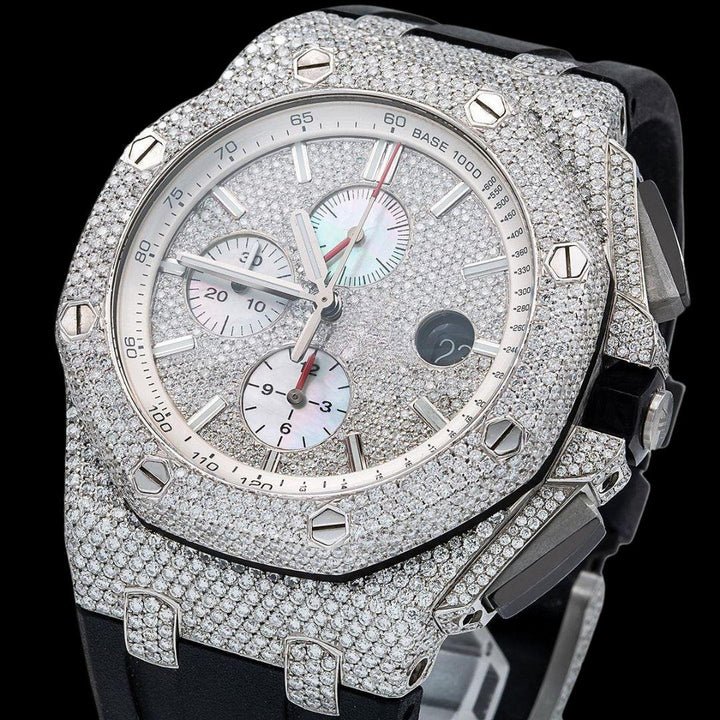 AP Royal Oak Chronograph Diamond Dial Semi Iced Out Black Rubber Strap Moissanite Watch Close Up Dial View