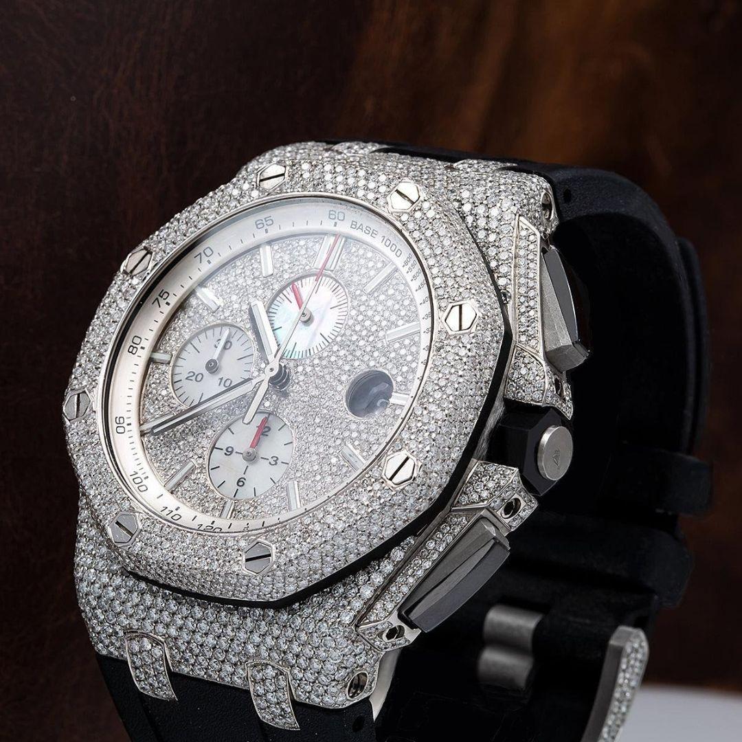 AP Royal Oak Chronograph Diamond Dial Semi Iced Out Black Rubber Strap Moissanite Watch Close Up Front View