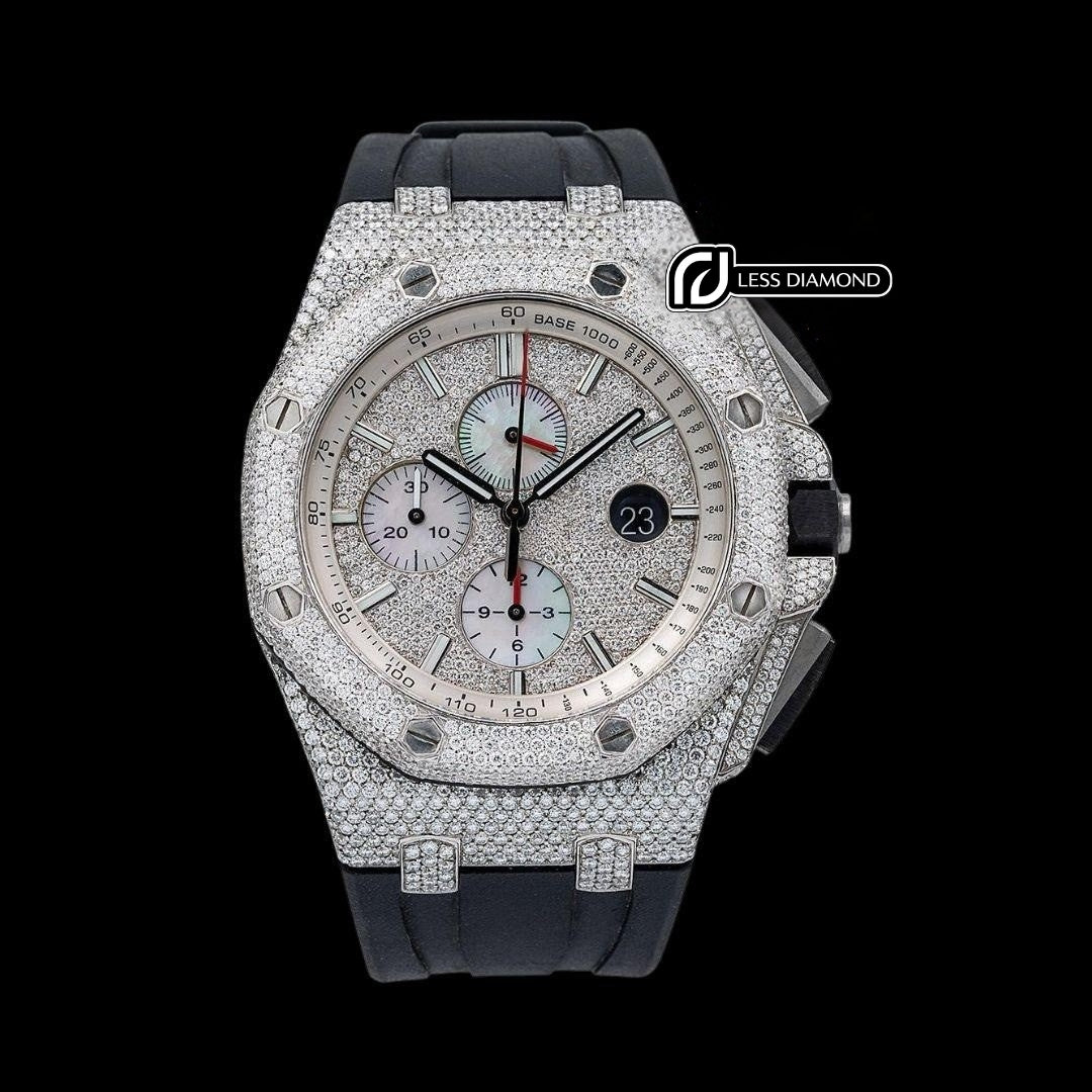 AP Royal Oak Chronograph Diamond Dial Semi Iced Out Black Rubber Strap Moissanite Watch Front View