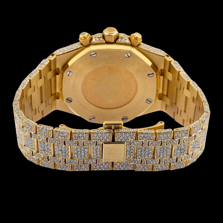 AP Royal Oak Chronograph Diamond Dial Stick Markers Fully Iced Out Yellow Gold Moissanite Watch Caseback View