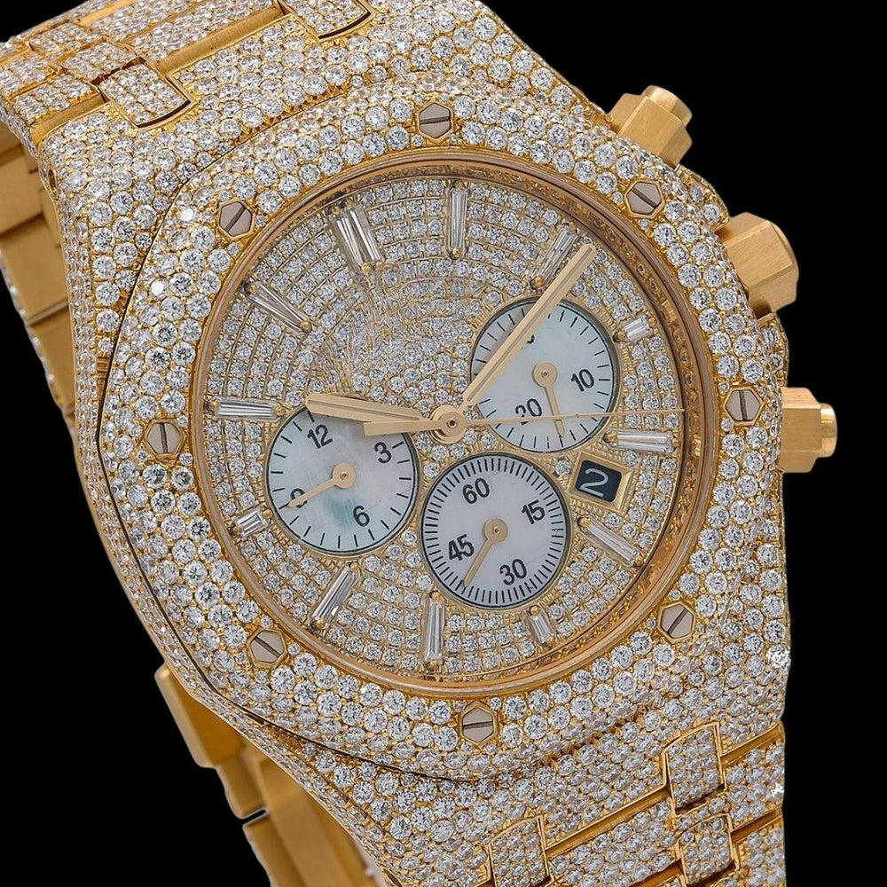 AP Royal Oak Chronograph Diamond Dial Stick Markers Fully Iced Out Yellow Gold Moissanite Watch Close Up Dial View