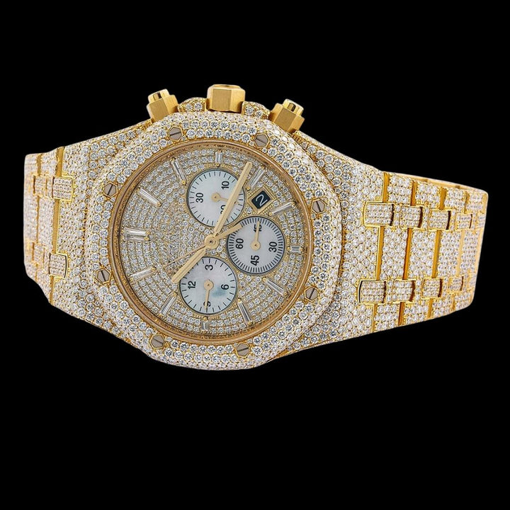 AP Royal Oak Chronograph Diamond Dial Stick Markers Fully Iced Out Yellow Gold Moissanite Watch Close Up Front View