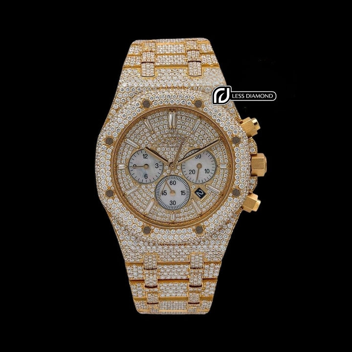 AP Royal Oak Chronograph Diamond Dial Stick Markers Fully Iced Out Yellow Gold Moissanite Watch Front View