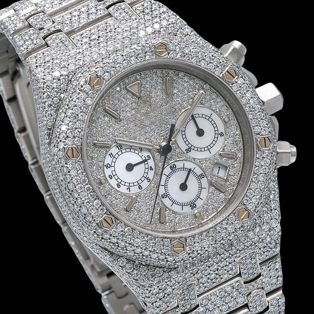 AP Royal Oak Diamond Chronograph Dial Stick Markers Fully Iced Out Moissanite Watch Close Up Dial View