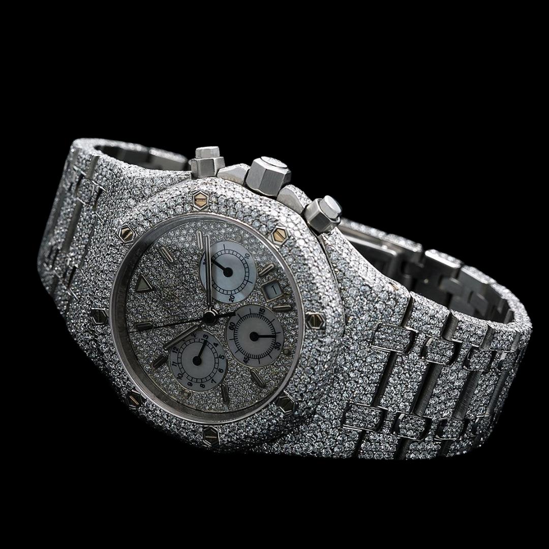 AP Royal Oak Diamond Chronograph Dial Stick Markers Fully Iced Out Moissanite Watch Close Up Front View