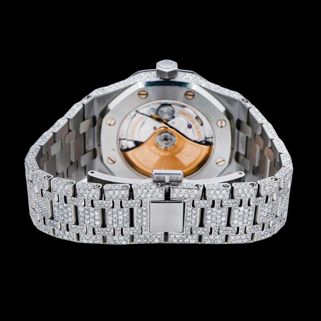 AP Royal Oak Diamond Dial Pink Arabic Numerals Fully Iced Our Moissanite Watch Caseback View