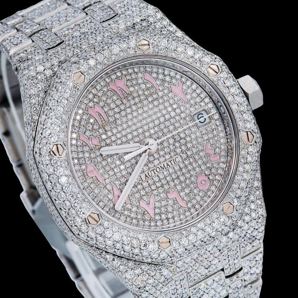 AP Royal Oak Diamond Dial Pink Arabic Numerals Fully Iced Our Moissanite Watch Close Up Dial View