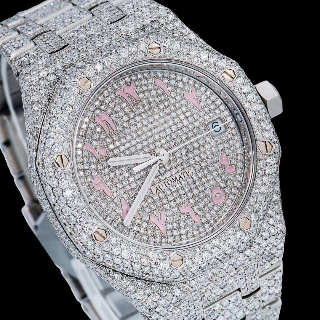 AP Royal Oak Diamond Dial Pink Arabic Numerals Fully Iced Our Moissanite Watch Close Up Dial View