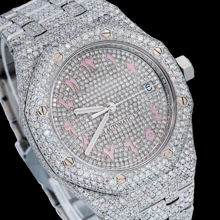 AP Royal Oak Diamond Dial Pink Arabic Numerals Fully Iced Our Moissanite Watch Close Up Dial View