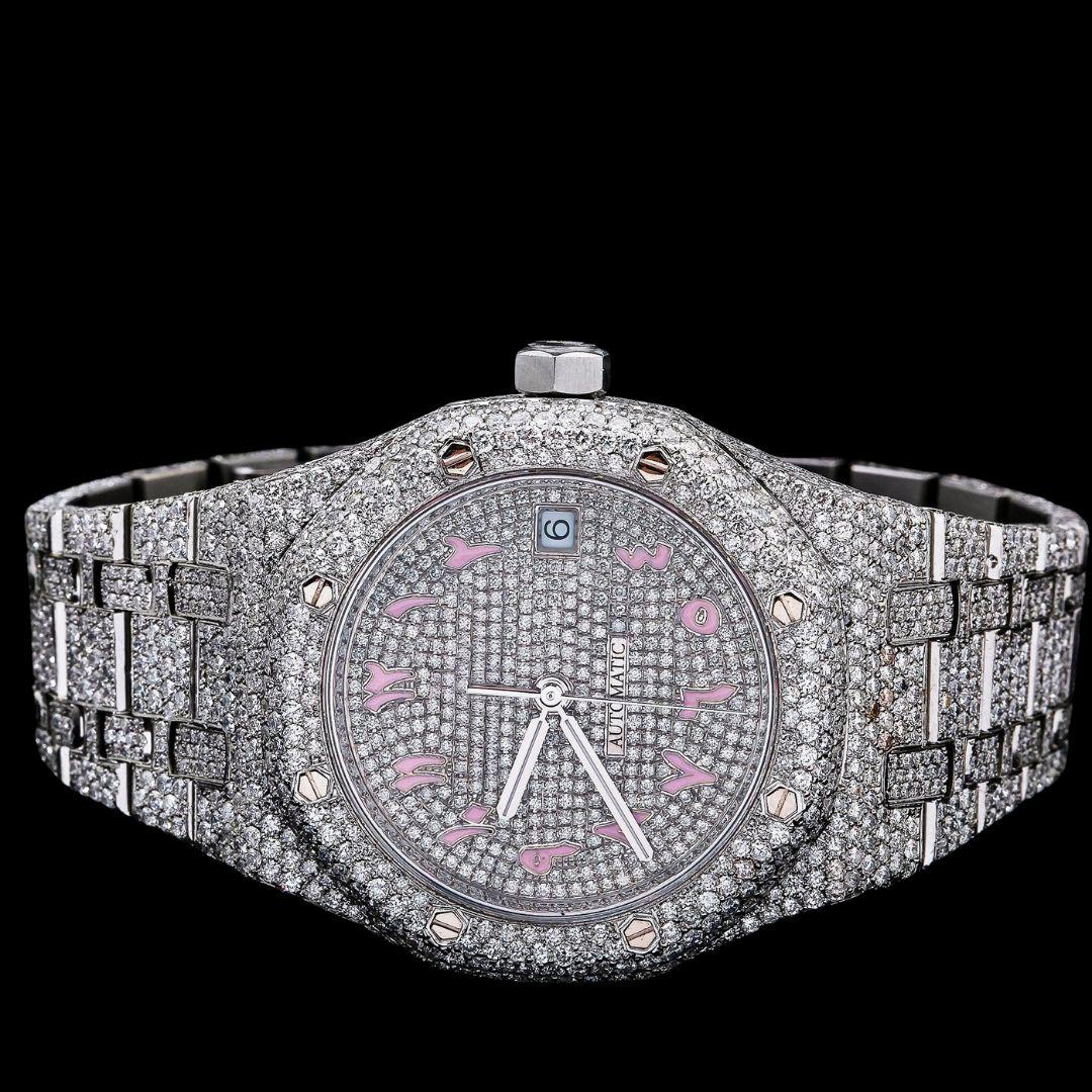 AP Royal Oak Diamond Dial Pink Arabic Numerals Fully Iced Our Moissanite Watch Close Up Front View