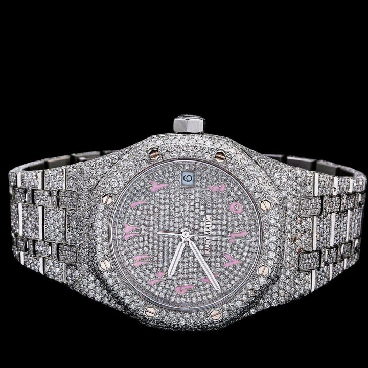 AP Royal Oak Diamond Dial Pink Arabic Numerals Fully Iced Our Moissanite Watch Close Up Front View