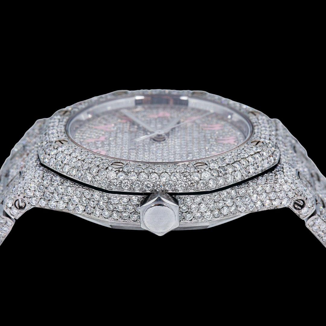 AP Royal Oak Diamond Dial Pink Arabic Numerals Fully Iced Our Moissanite Watch Crown View