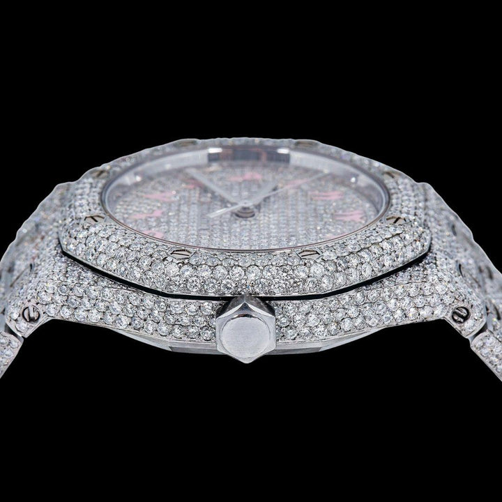 AP Royal Oak Diamond Dial Pink Arabic Numerals Fully Iced Our Moissanite Watch Crown View