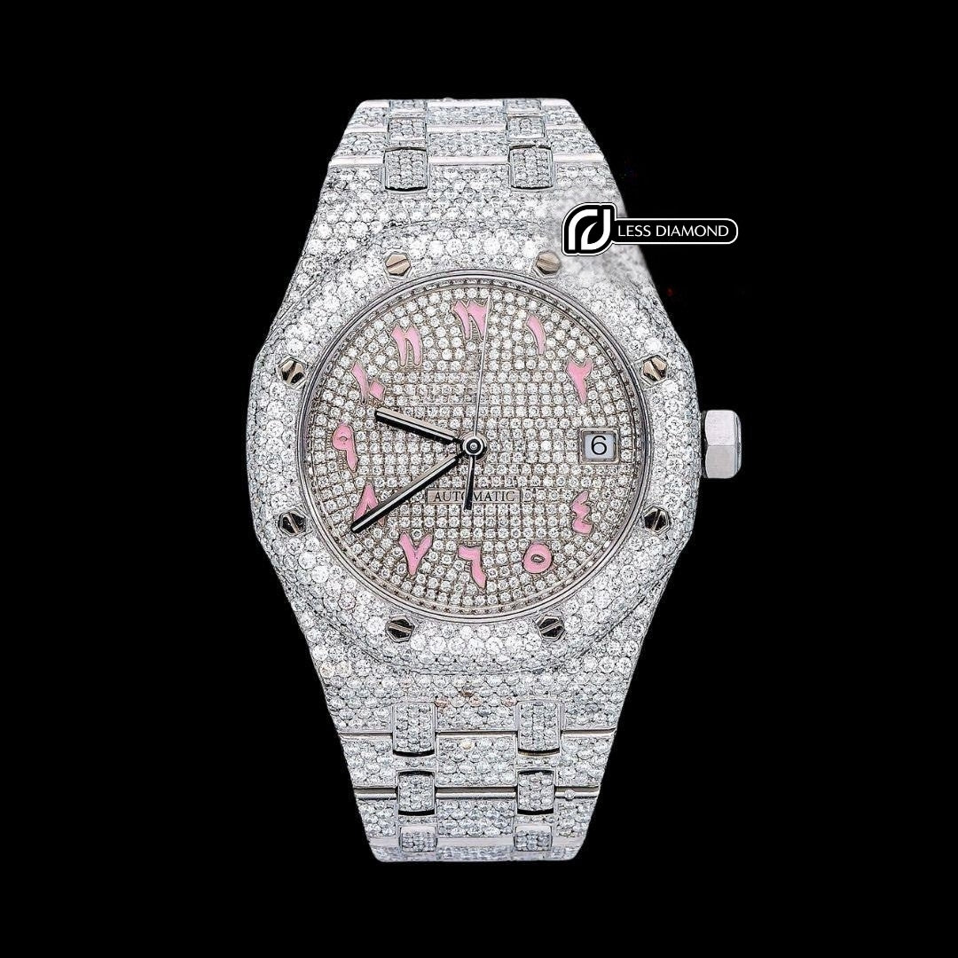AP Royal Oak Diamond Dial Pink Arabic Numerals Fully Iced Our Moissanite Watch Front View