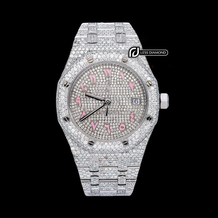 AP Royal Oak Diamond Dial Pink Arabic Numerals Fully Iced Our Moissanite Watch Front View
