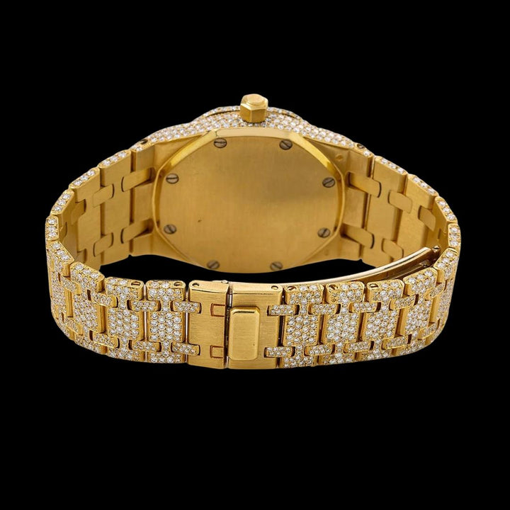 AP Royal Oak Diamond Dial Stick Markers Fully Iced Out Yellow Gold Moissanite Watch Caseback View