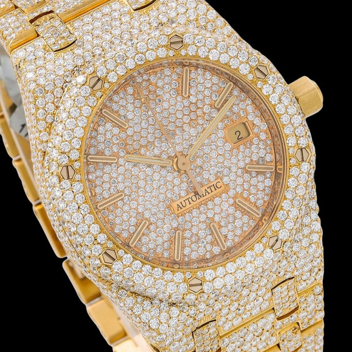 AP Royal Oak Diamond Dial Stick Markers Fully Iced Out Yellow Gold Moissanite Watch Close Up Dial View