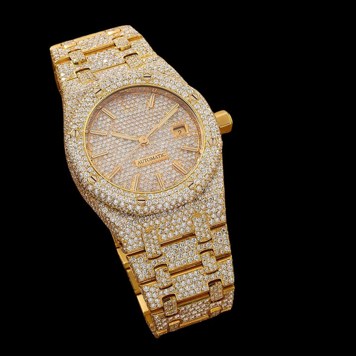 AP Royal Oak Diamond Dial Stick Markers Fully Iced Out Yellow Gold Moissanite Watch Close Up Front View