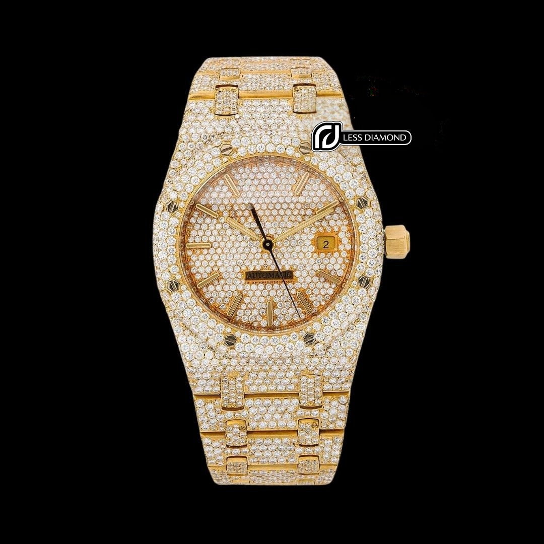 AP Royal Oak Diamond Dial Stick Markers Fully Iced Out Yellow Gold Moissanite Watch Front View