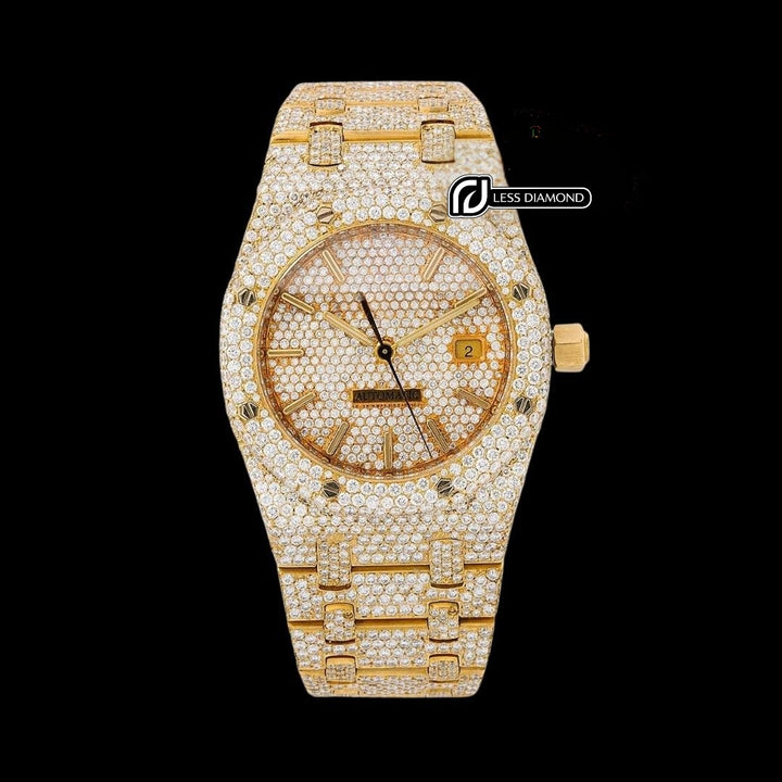 AP Royal Oak Diamond Dial Stick Markers Fully Iced Out Yellow Gold Moissanite Watch Front View