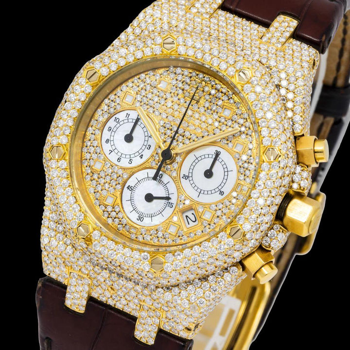 AP Royal Oak Diamond Markers Chronograph Dial Semi Iced Out Leather Strap Watch Close Up Dial View