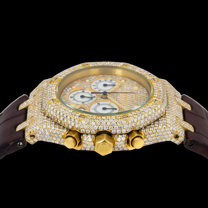 AP Royal Oak Diamond Markers Chronograph Dial Semi Iced Out Leather Strap Watch Crown View