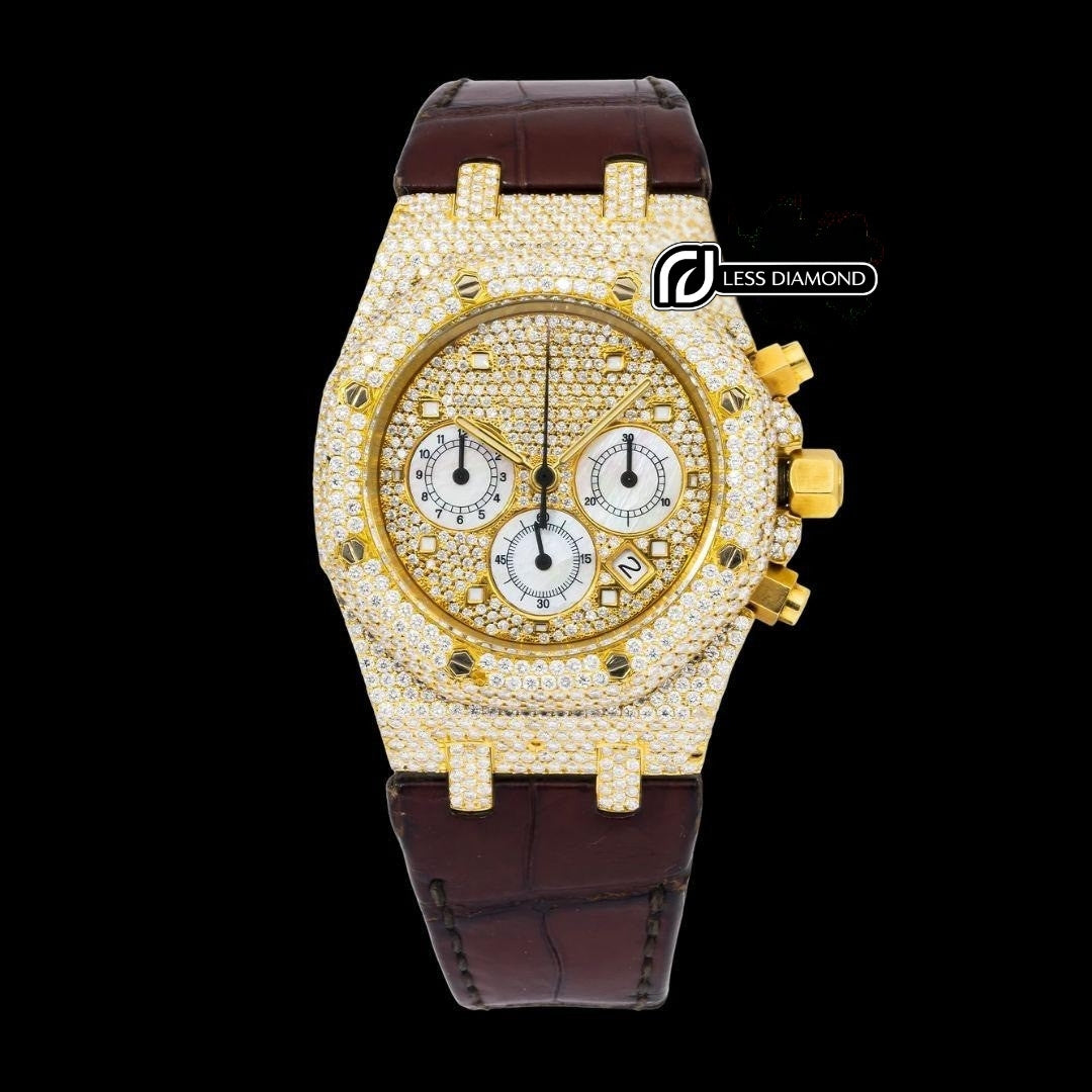 AP Royal Oak Diamond Markers Chronograph Dial Semi Iced Out Leather Strap Watch Front View